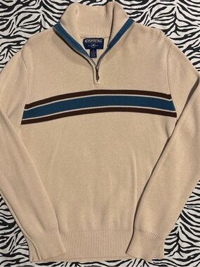 Aeropostale Men’s Beige Zip-Up Sweater with Blue and Brown Stripes